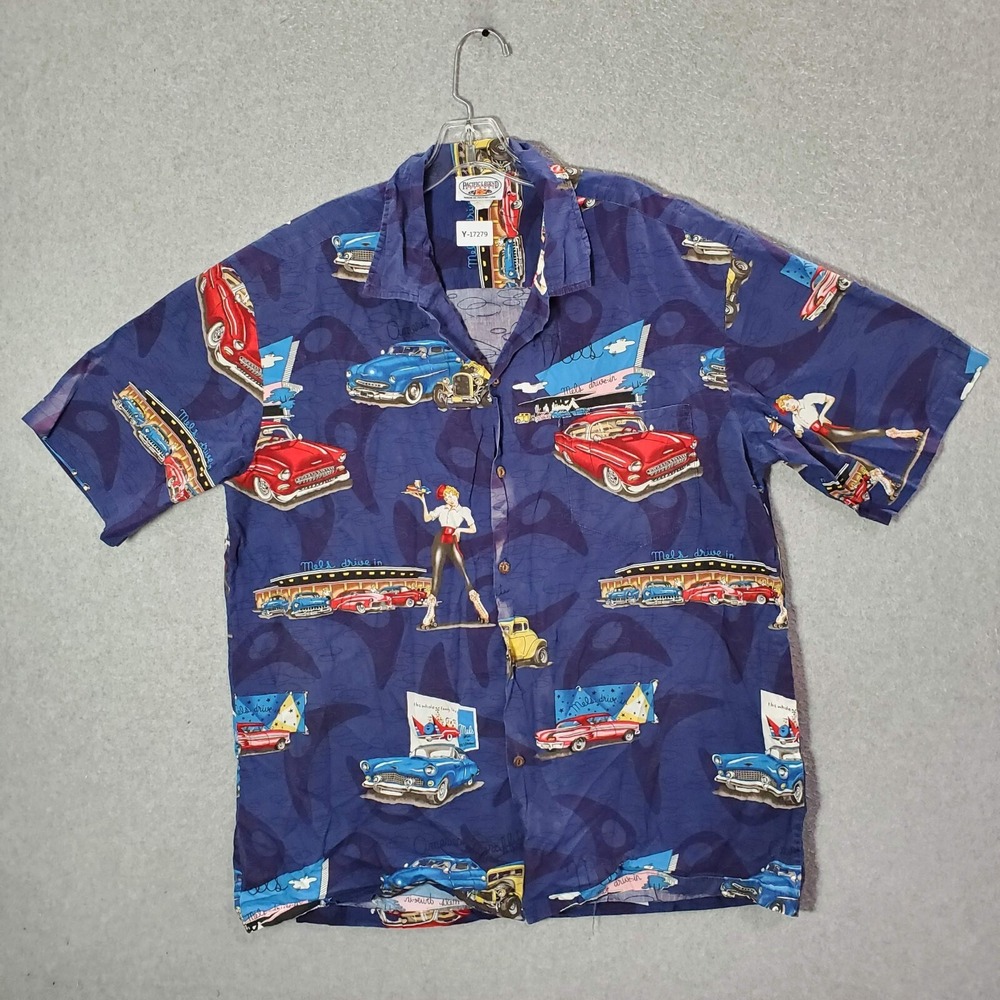 VINTAGE Pacific Legend Men Button Up Shirt XL Blue Classic Cars 90s USA READ